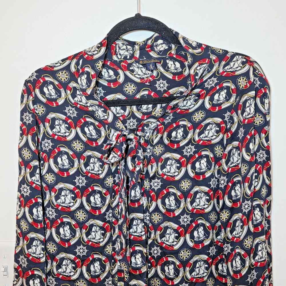 Brooks Brothers Silk Button Up Blouse Sz 2 XS Navy Nautical Print Old Money - Picture 3 of 10